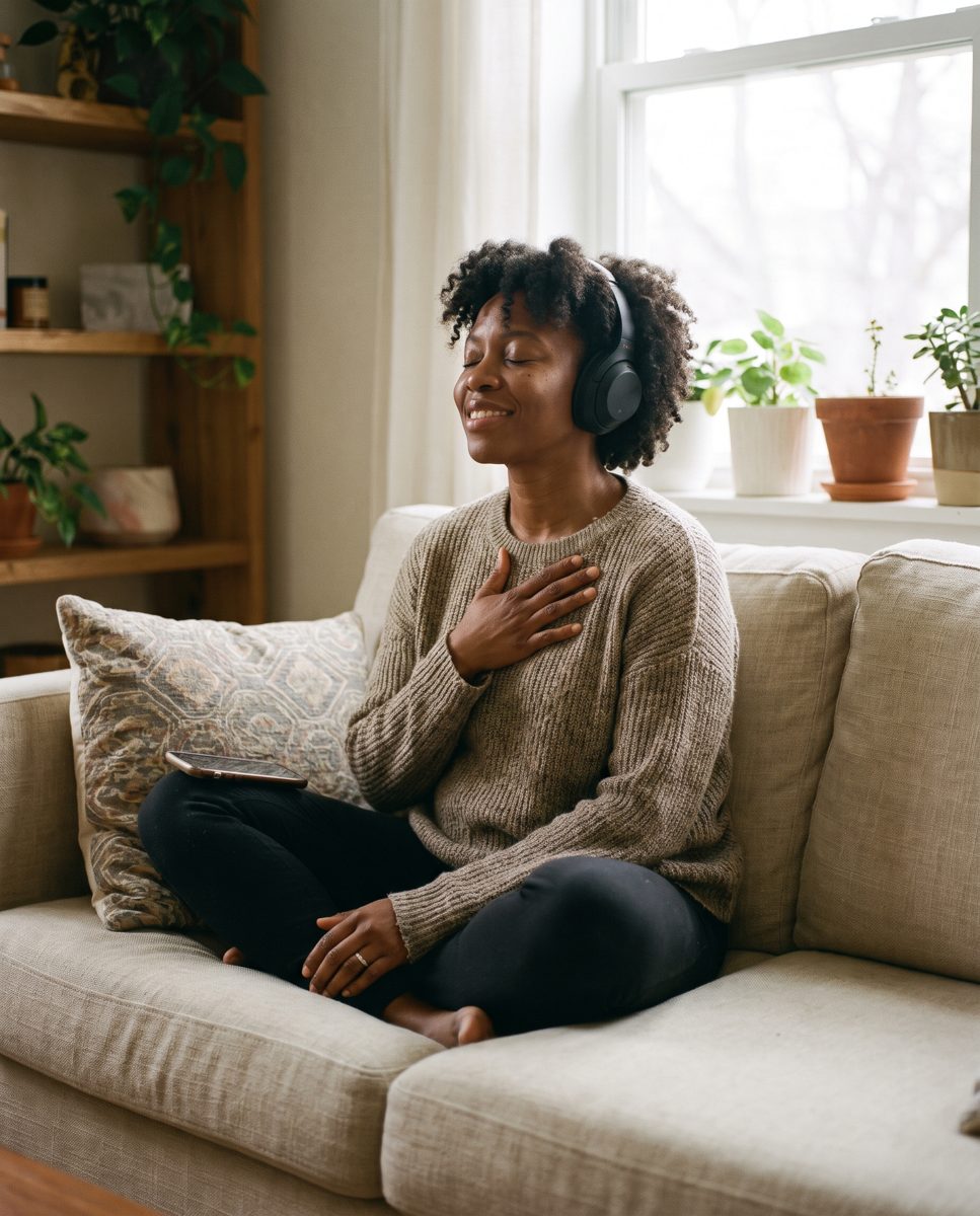 A woman with headphones breathes slowly on her sofa, one hand on her chest