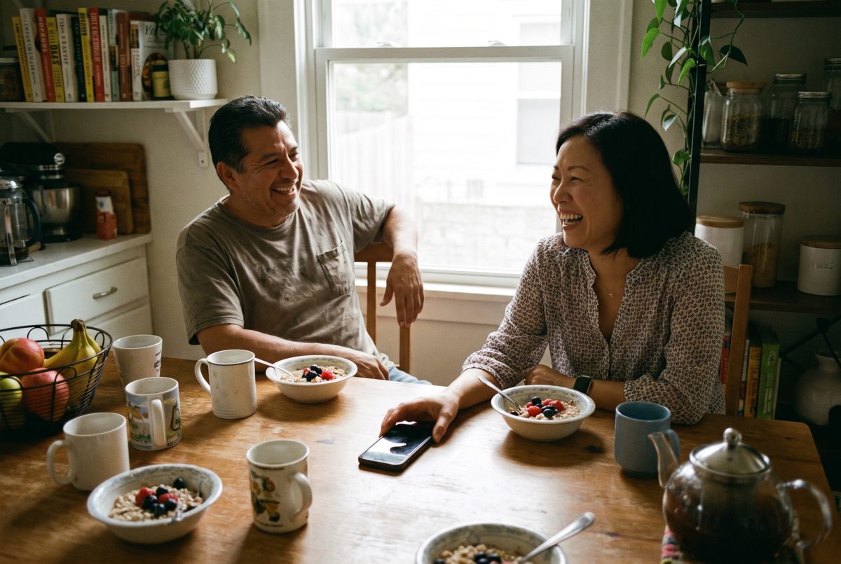 A couple at breakfast, one holding a phone