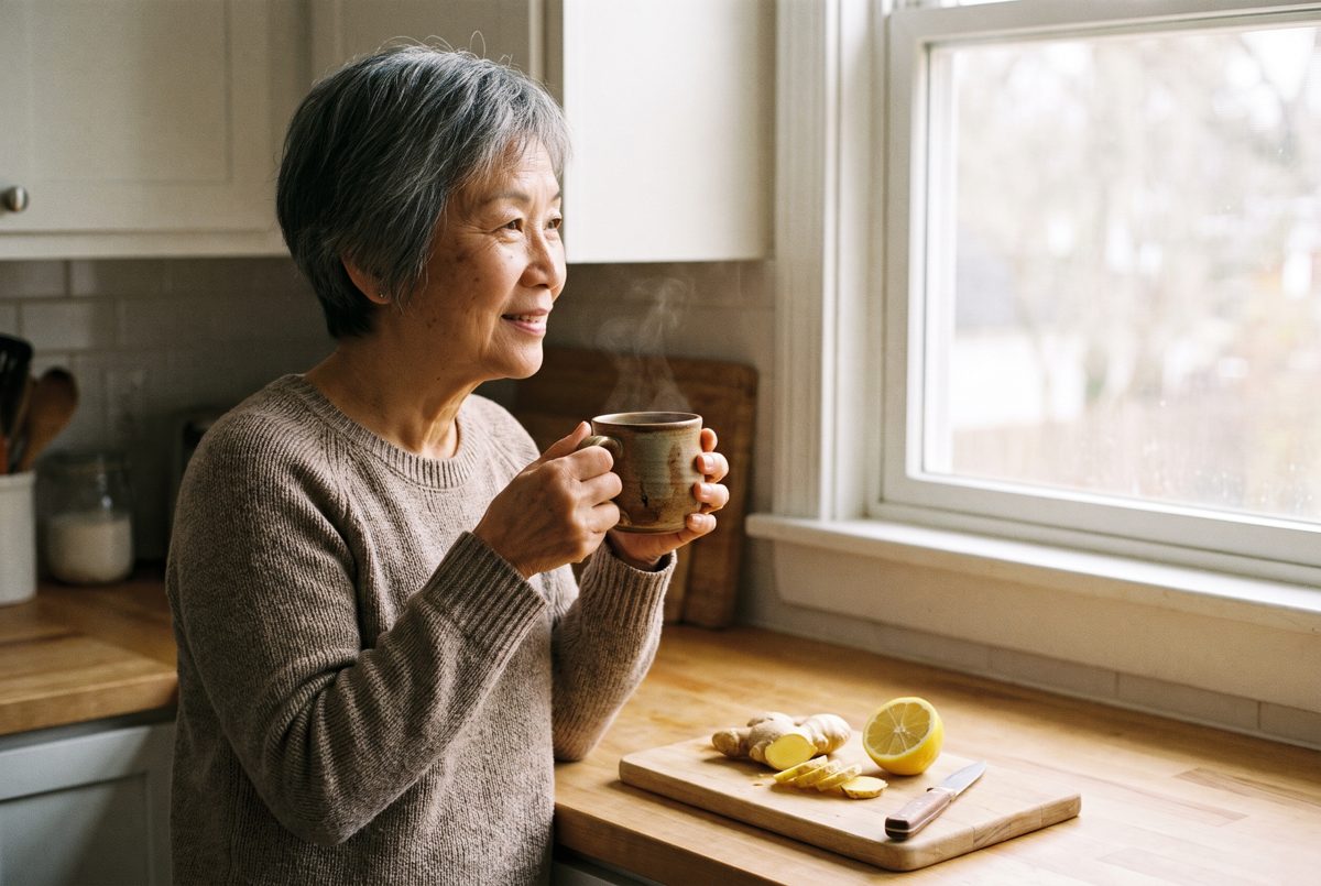 An older woman holds a warm mug of ginger tea by her kitchen window
