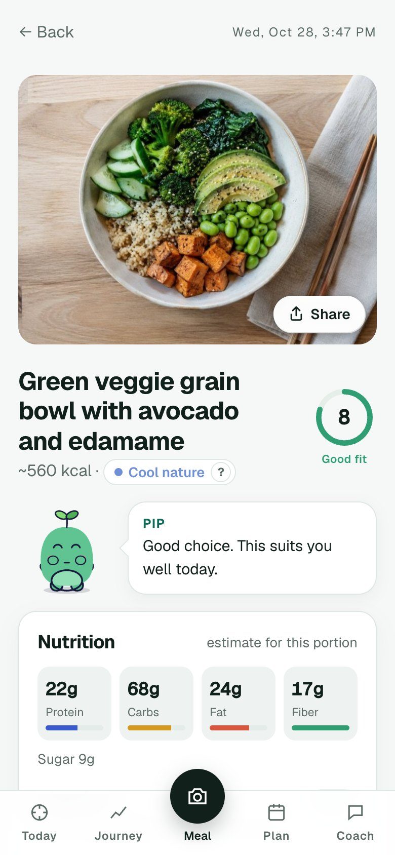 Meal report header: green veggie grain bowl, about 560 kcal, cool nature, fit 8 of 10